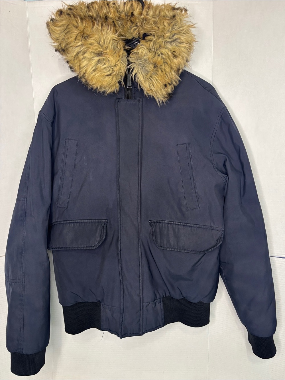 Zara Men’s L Navy Bomber Jacket with Tan Faux-Fur Hood FLAWED